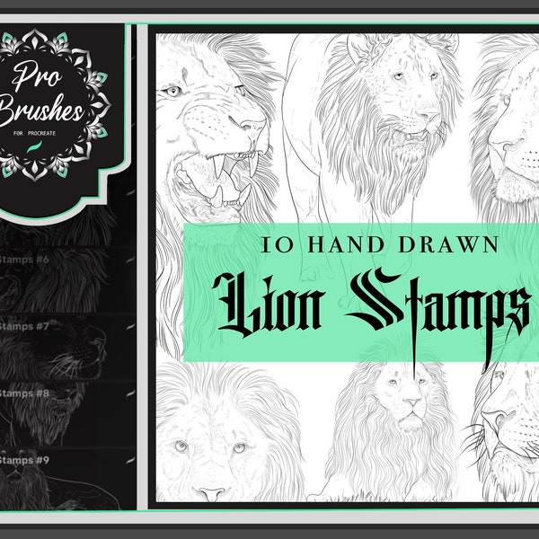 Lion Procreate Stamps - 10 detailed Lion Procreate Brushes - Lion Tattoo Stencils incl. Lion Front, Lion Side, Lion Face, Lion Body & more!