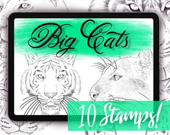 Big Cat Procreate Stamps - 10 detailed Procreate Brushes - Lion Tattoos, Leopard Tattoos, Tiger Tattoos, Bobcat Tattoos & more!