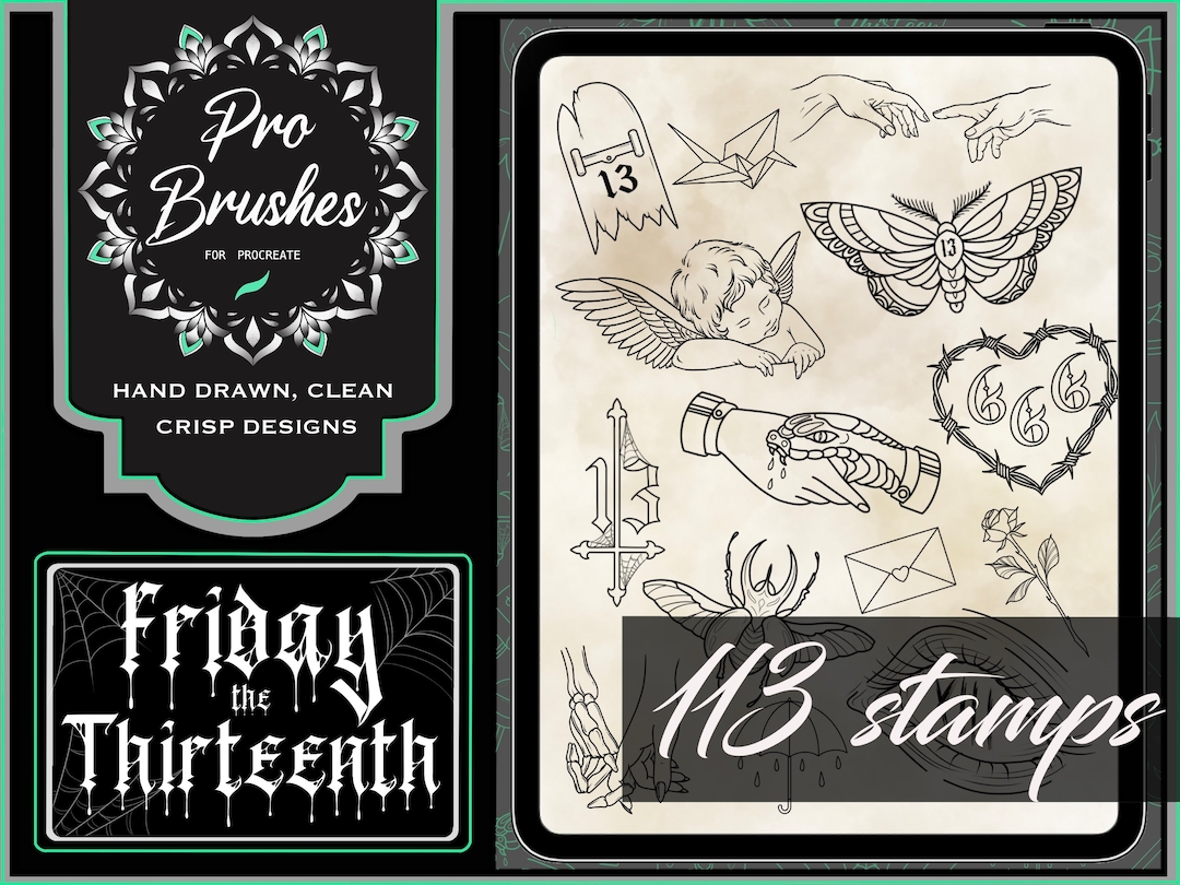 Friday the 13th Tattoo Stamps for Procreate - 113 Tattoo Flash Designs