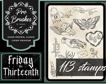 Friday the 13th Tattoo Stamps for Procreate - 113 Tattoo Flash Designs for Friday the 13th - Procreate Stamps for Flash Day & Spooky Tattoos