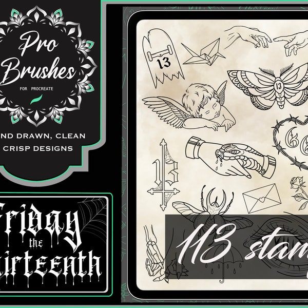Friday the 13th Tattoo Stamps for Procreate - 113 Tattoo Flash Designs for Friday the 13th - Procreate Stamps for Flash Day & Spooky Tattoos
