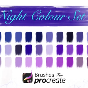 May include: A set of 30 digital brushes for Procreate, featuring a range of blue, purple, and lavender shades. The brushes are labelled "Night Colour Set".