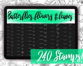 Procreate Stamp Bundle - 240 Stamp Brushes for Procreate - Featuring our Butterfly Stamps (40), Flower Stamps (100) and Leaf Stamps (100)