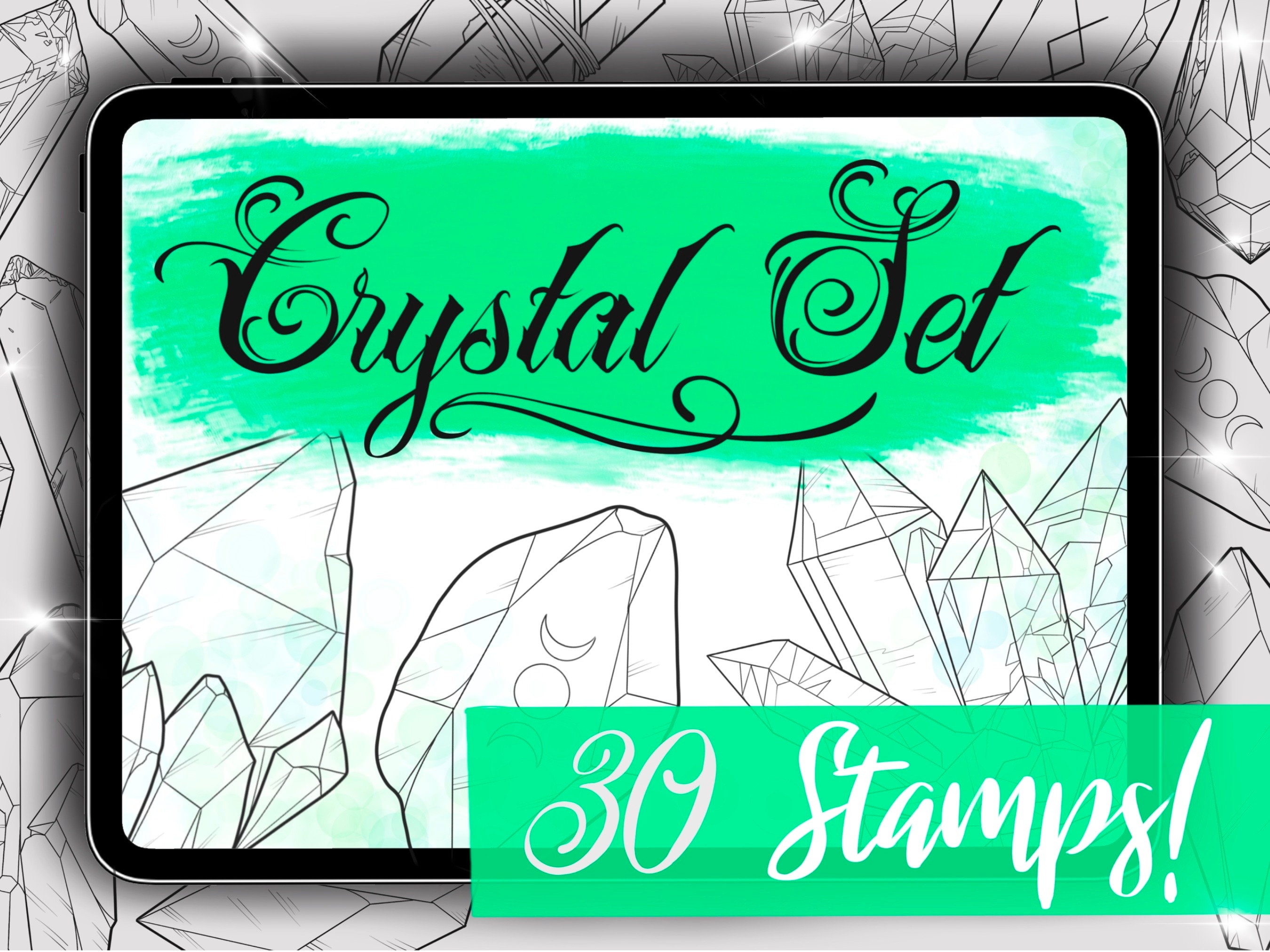Crystal Procreate Stamps — 30 Hand-Drawn Crystal Brushes for Procreate (Quartz, Fluorite, Agate & More)