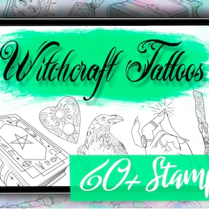 May include: A digital illustration of 60+ witchcraft tattoo stamps. The stamps feature various symbols, including a pentagram, a heart with a sun and moon, a raven, a hand with a glowing fingertip, and a wand.