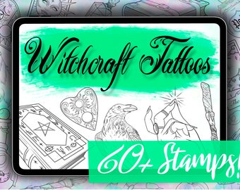 Witchcraft Tattoo Brushes for Procreate - 60+ Witchy Procreate Stamps - Mystical Tattoo Brushes with Wands, Spell Books, Potions & More!