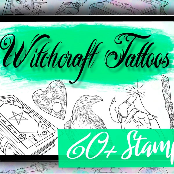 Witchcraft Tattoo Brushes for Procreate - 60+ Witchy Procreate Stamps - Mystical Tattoo Brushes with Wands, Spell Books, Potions & More!