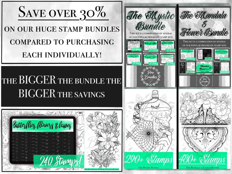 May include: A digital illustration of three stamp bundles for digital art. The bundles include butterflies, flowers, and leaves, mystic designs, and mandalas and flowers. The bundles are offered at a discount when purchased together. The text "Save Over 30%" is displayed at the top of the image.