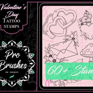 Valentine&#39;s Day Stamps for Procreate - Flash Day Valentines Tattoos - 60 Tattoo Flash Procreate Stamps - Love Tattoos, Heart Tattoos & More!
