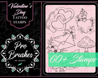 Valentine's Day Stamps for Procreate - Flash Day Valentines Tattoos - 60 Tattoo Flash Procreate Stamps - Love Tattoos, Heart Tattoos & More!