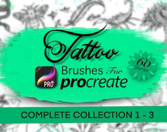 May include: A green and black graphic with the text "Tattoo Brushes for Procreate" and "Complete Collection 1 - 3". The graphic also includes a green icon with the text "60 Stamps".