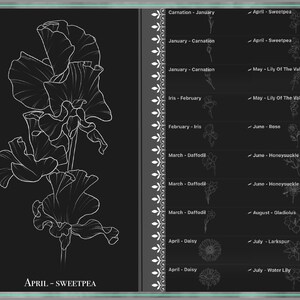May include: A black and white line drawing of a sweetpea flower. The image is labeled "APRIL - SWEETPEA".