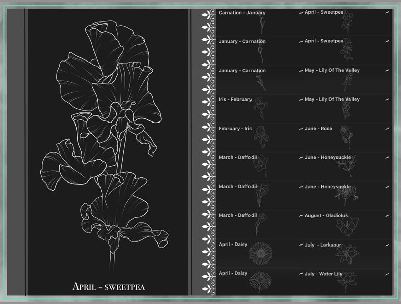 May include: A black and white line drawing of a sweetpea flower. The image is labeled "APRIL - SWEETPEA".