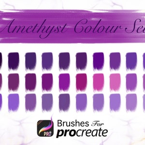 May include: A set of 30 amethyst color swatches for Procreate, a digital art app. The swatches range from deep purple to light lavender.