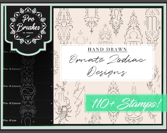 Zodiac Tattoo Brushes for Procreate - 110+ Unique Zodiac Procreate Stamps - Detailed Ornate Zodiac Tattoo Flash - Zodiac Sign Brushes