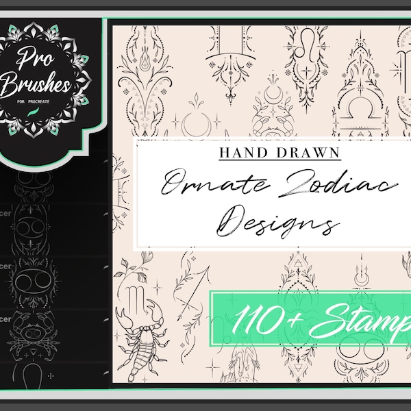 Zodiac Tattoo Brushes for Procreate - 110+ Unique Zodiac Procreate Stamps - Detailed Ornate Zodiac Tattoo Flash - Zodiac Sign Brushes