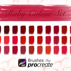 May include: A set of 30 ruby red color swatches for Procreate, a digital art app. The swatches are arranged in three rows of ten, with each swatch showing a different shade of red.