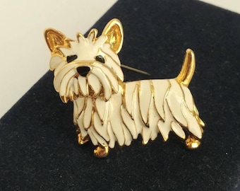 Vintage Gold Tone Scottish Terrier Brooch: White Enamel Dog Pin