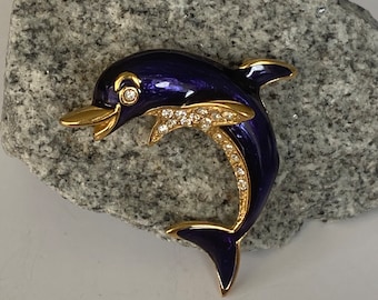 Broche Vintage Dauphin émail Et Strass - Métal Doré, Pierre Turquoise, Occasion Très Bon état