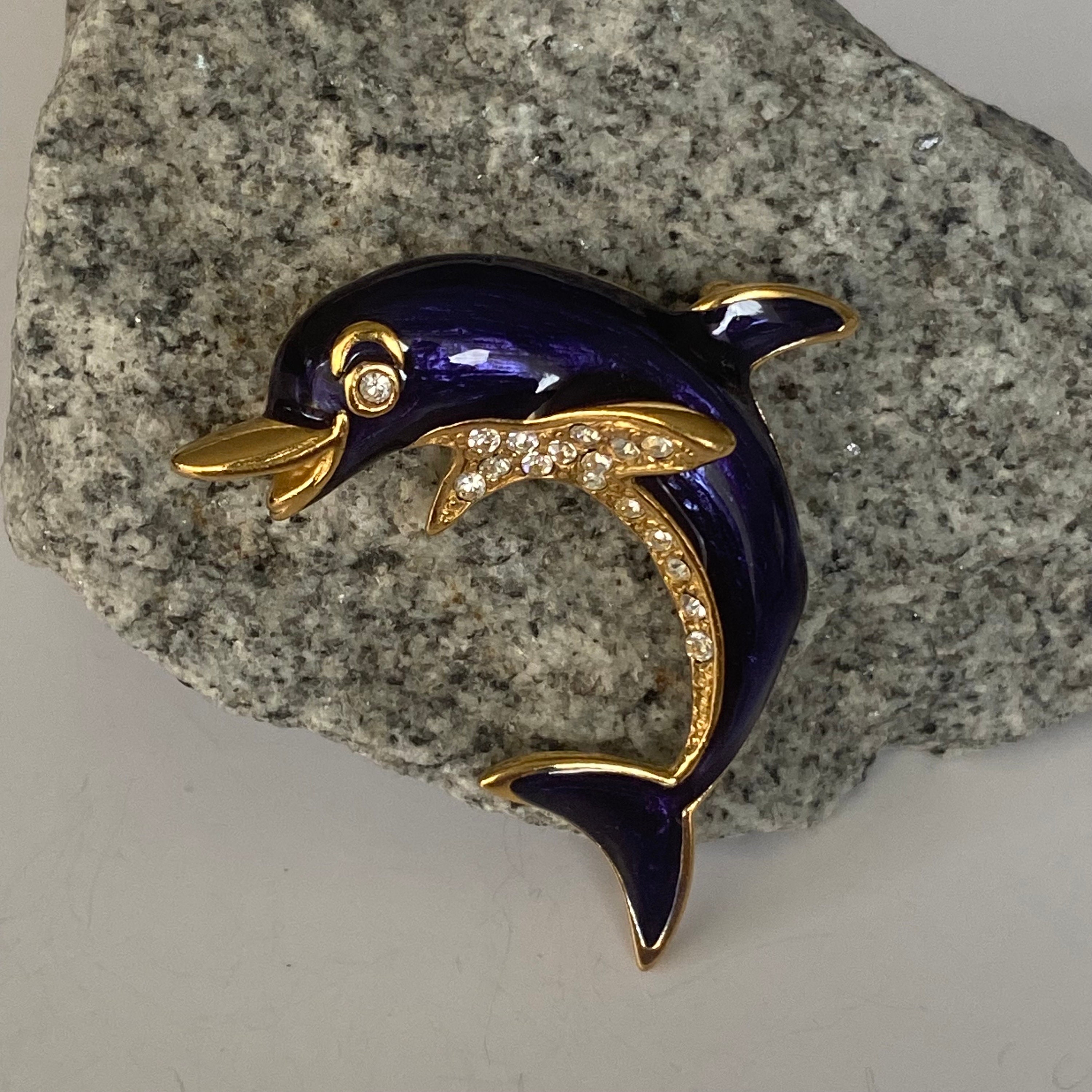 Broche Baleine En Or Avec Perle Signée Erwin - Accents Strass Bleu Et Clair - Occasion