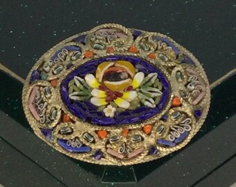 Broche Ancienne émaillée Ou Micro Mosaïque - Motif Fleur - Vintage - Occasion