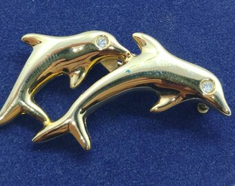 Vintage Aconda Gold-Tone Dolphin Brooch with Rhinestone Eyes