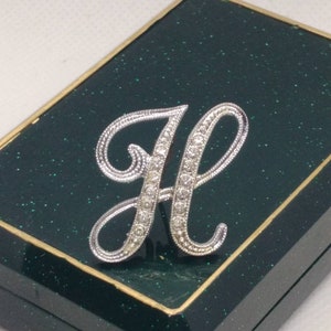 Vintage brooch pin letter H initial silver Tone with rhinestones