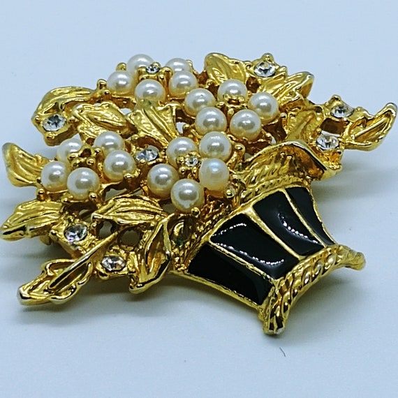 Broche Vintage Panier De Fleurs - Strass, Occasion, Fabriquée En France