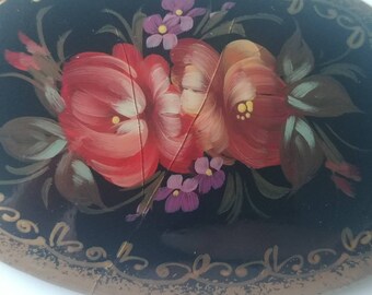 Broche Ancienne Rectangulaire Peinte à La Main - Noir Avec Fleurs - Années 1910-1930 - Occasion