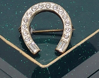 Vintage Rhinestone Horseshoe Brooch: Gold Tone Lucky Charm