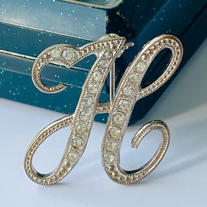 Vintage brooch pin letter H initial silver Tone with rhinestones