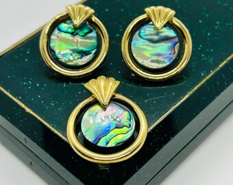 Vintage Abalone Earrings and Pendant Set: Gold Tone Studs