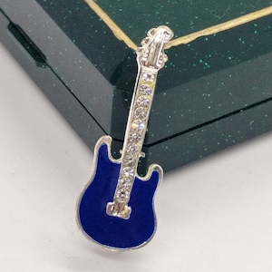 Vintage Silver Tone Guitar Brooch with Blue Enamel