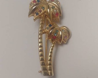 Vintage brooch/ pin  Tropical palm tree from Aconda.Goldplated with colored rhinestone