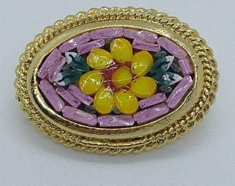 Vintage micro mosaic millefiori flower brooch yellow and pink and green and multi colour. Gold tone on brass.