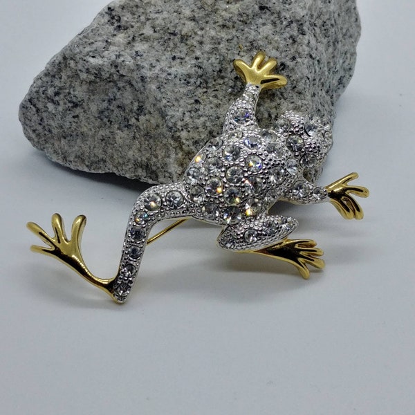 broche grenouille vintage dorée/argentée avec strass