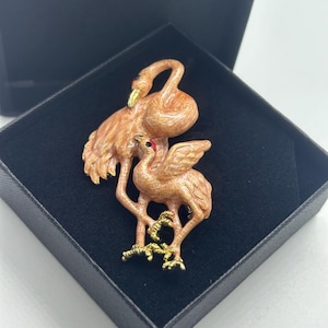 Vintage bird, stork,flamingo ,straus brooch gold tone with pink enamel
