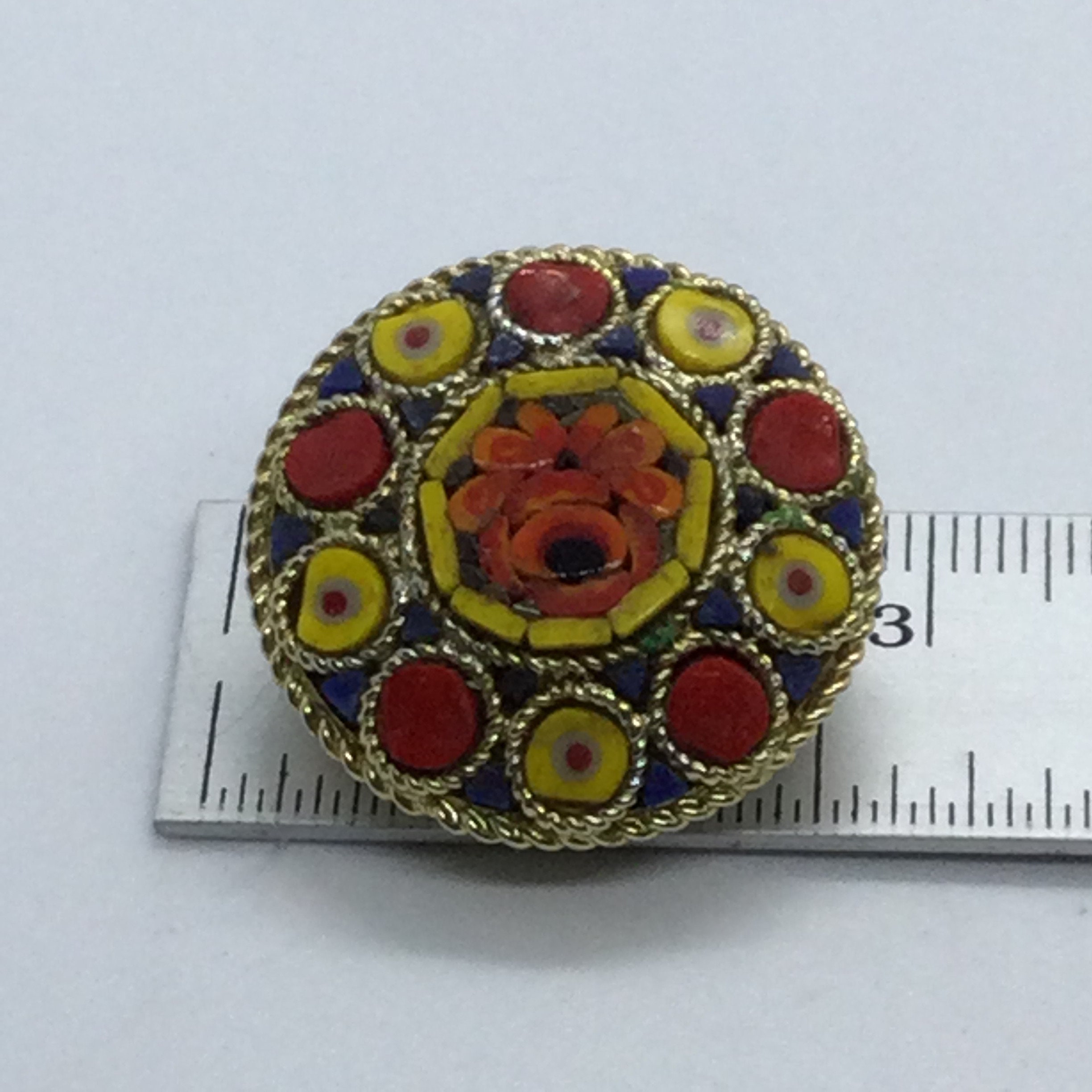 Broche micro mosaïque floral bleu sarcelle et rouge / Broche micro