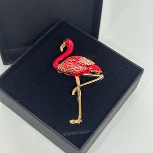 Vintage bird, stork,flamingo ,straus brooch gold tone with pink enamel