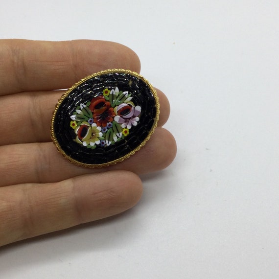 Broche Très Ancienne émaillée Ou Micro-mosaïque Motif Fleur - Bijou Vintage