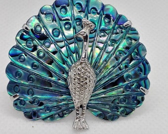 Vintage peacock bird abalon brooch silver tone
