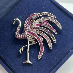 Vintage bird, flamingo ,straus brooch silver tone with red , pink crystals