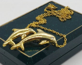 Vintage Kette mit zwei Delfinen Anhänger in Goldton.Signiert Aconda