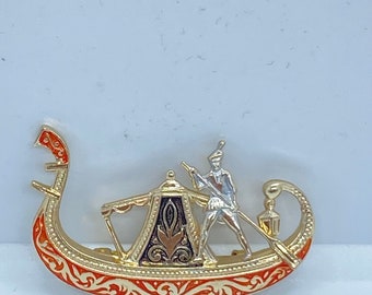 Broche Vintage Bateau 3 Mâts - Navire Voilier En Laiton Pigmenté, Décoration Pin's Ancien, Occasion