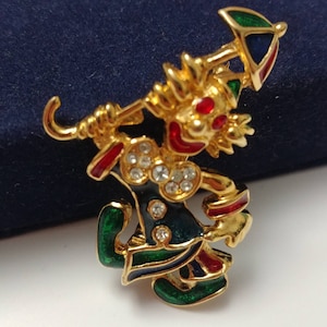 Spilla vintage a forma di pagliaccio con ombrello, Arlecchino con smalto colorato.