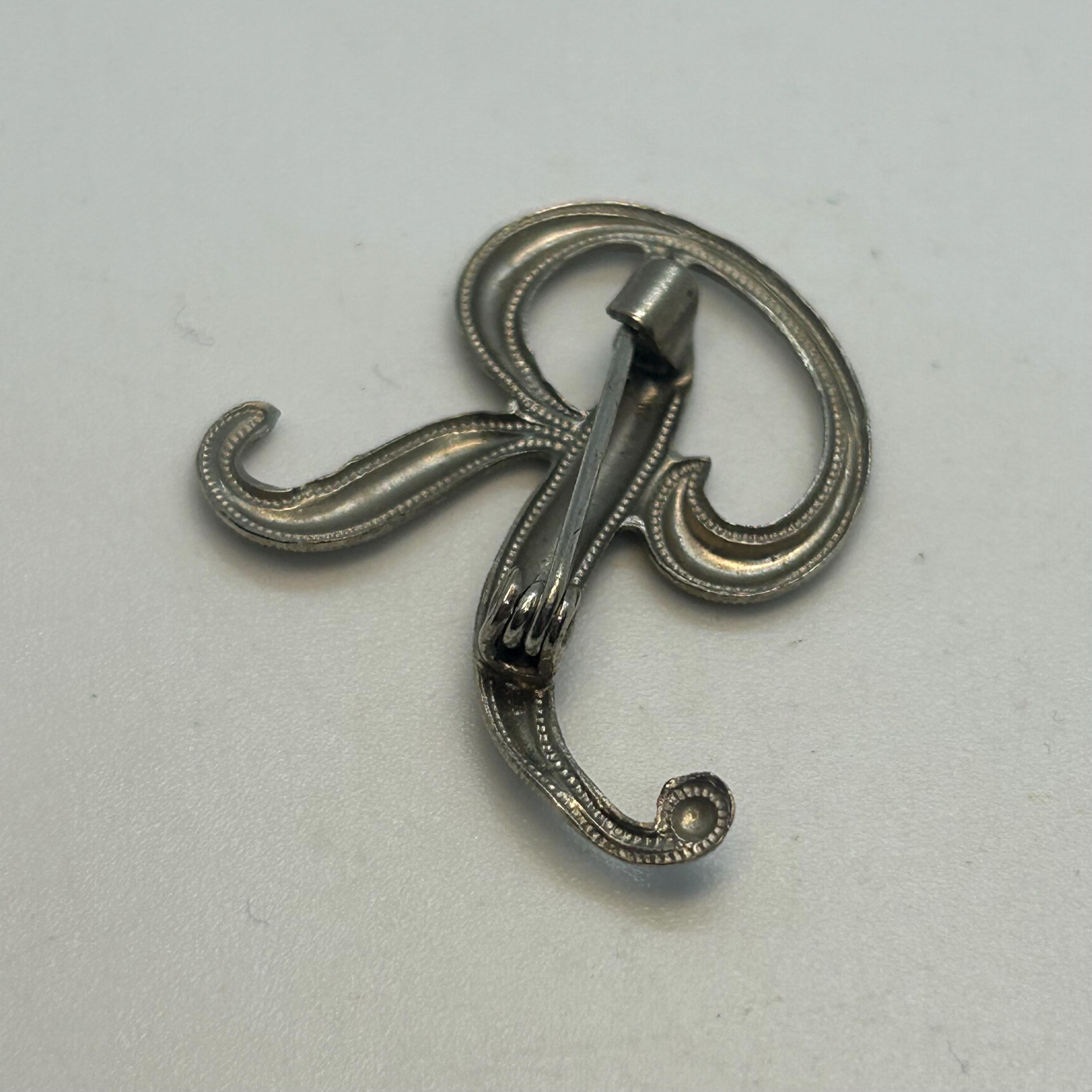 Vintage Brooch Pin Letter R Monogram Name Initial Brooch Silver