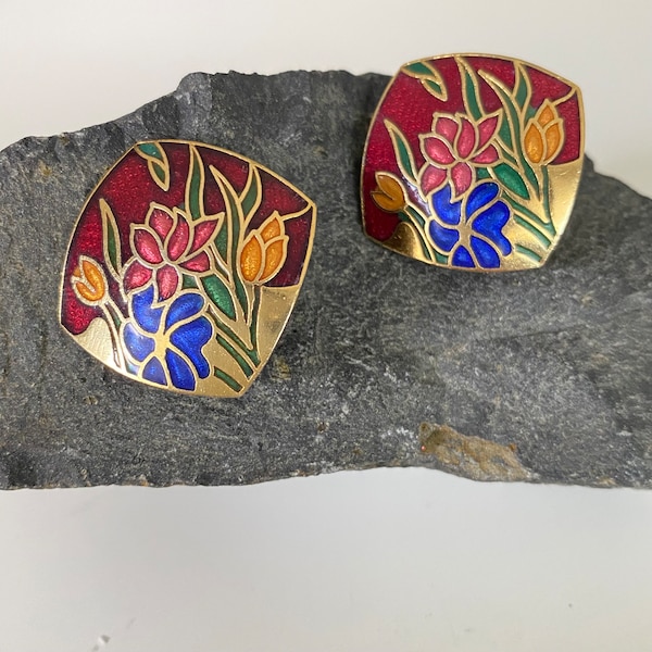 Vintage flower earrings/earclips with enamel,cloisonne