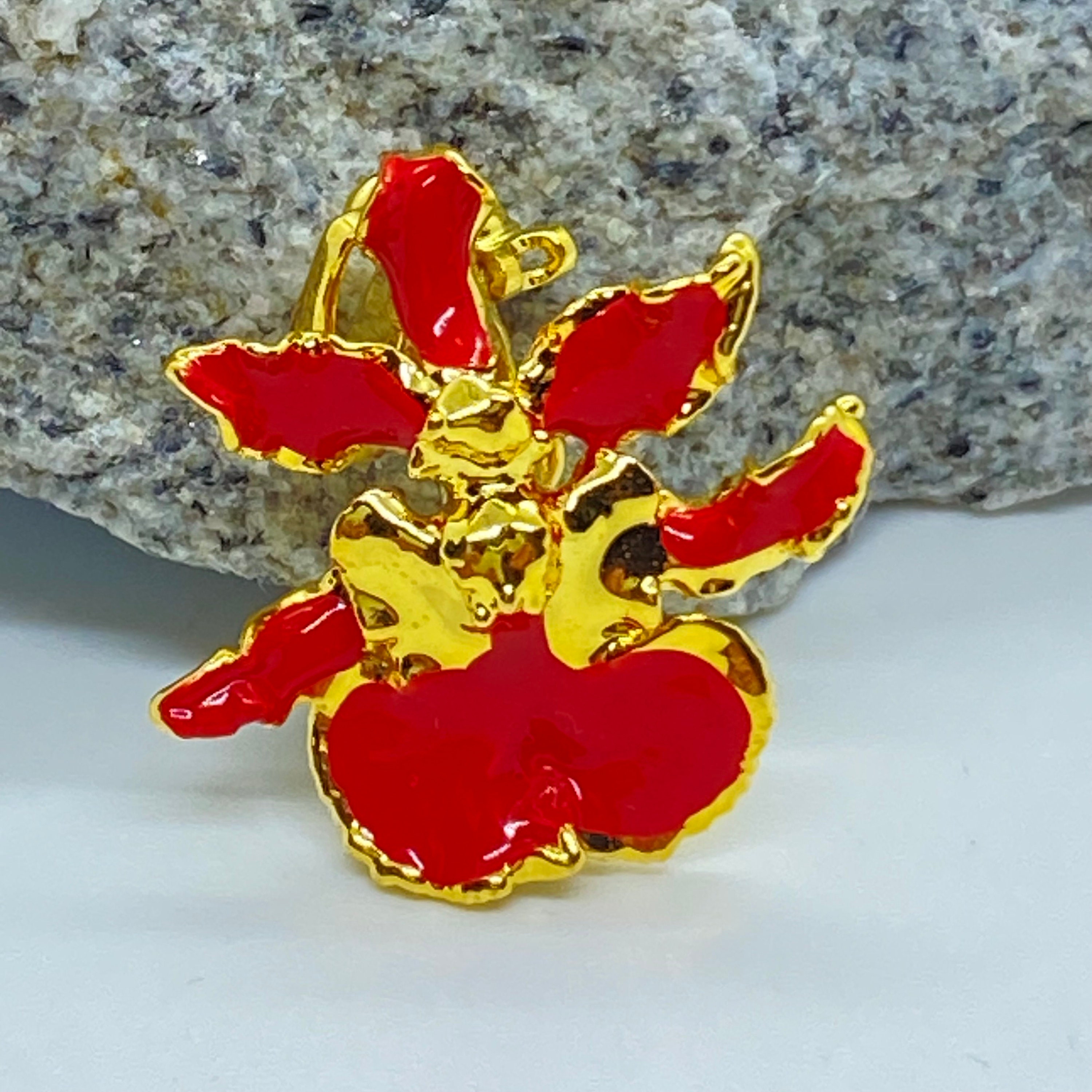 Vintage 22K Gold Plated Orchid Brooch -Pendant with red enamel,Signed Risis