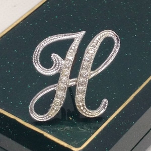 Vintage brooch pin letter H initial silver Tone with rhinestones