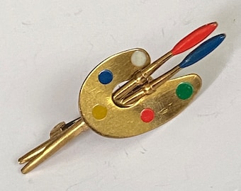 Vintage brooch in the form of an artist's palette, brush, paints. A good gift for artists and art lovers.